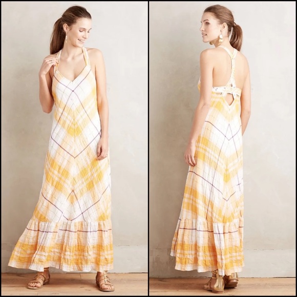 Anthropologie Dresses & Skirts - Anthro Holding Horses Cream & Mango Gold Plaid Maxi Dress